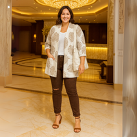 Open Front Loose Fitting Leaf Print Jacket