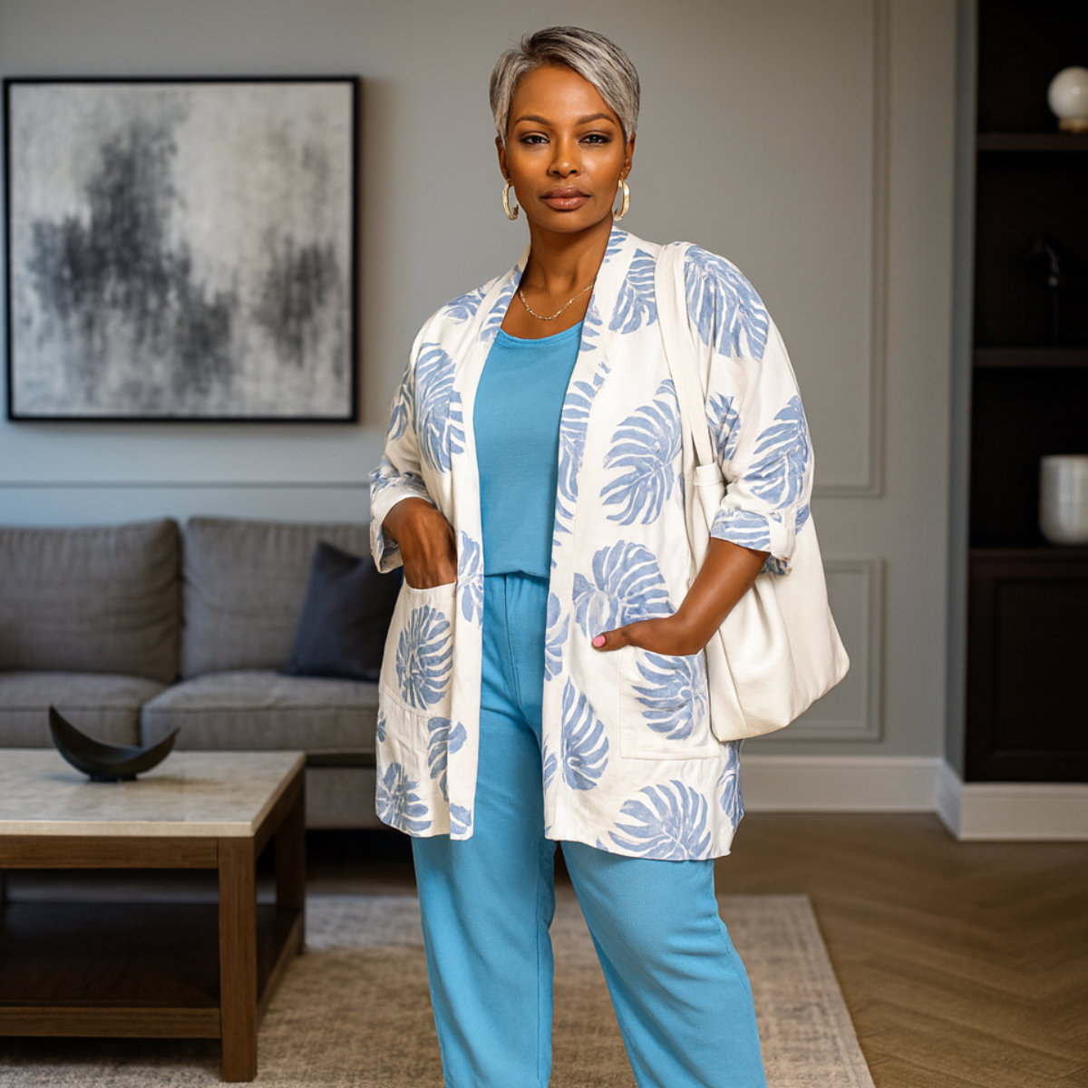 Open Front Loose Fitting Leaf Print Jacket