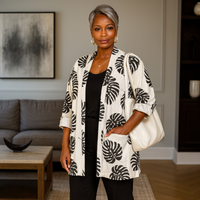 Open Front Loose Fitting Leaf Print Jacket