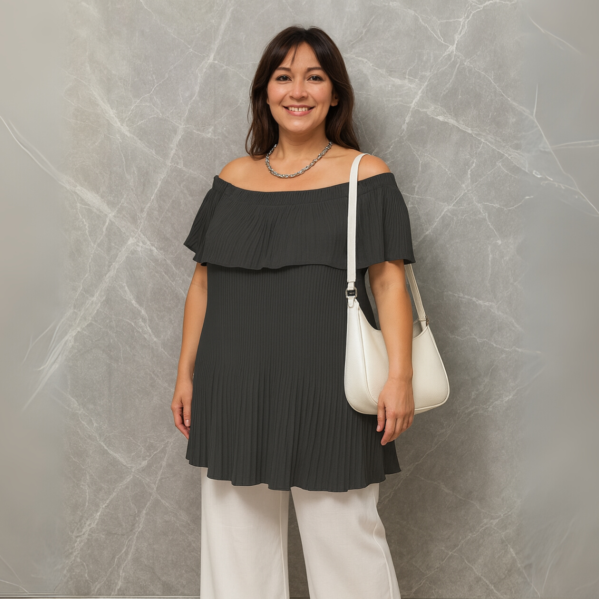 Crinkled Pleated Long Off Shoulder Top