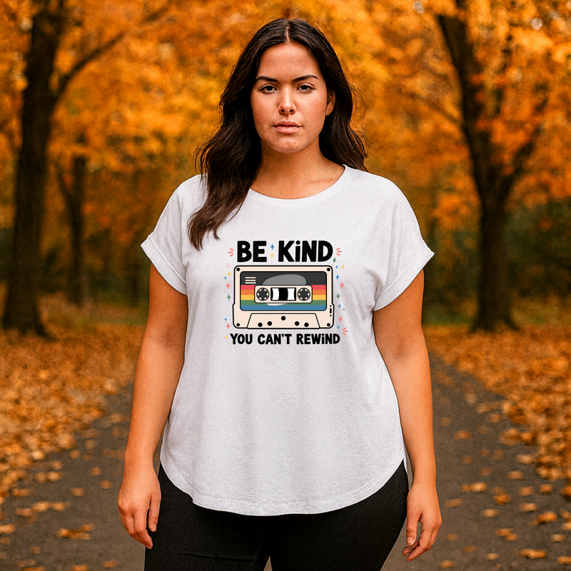 Dipped-Hem T-Shirt with Retro Be Kind Print