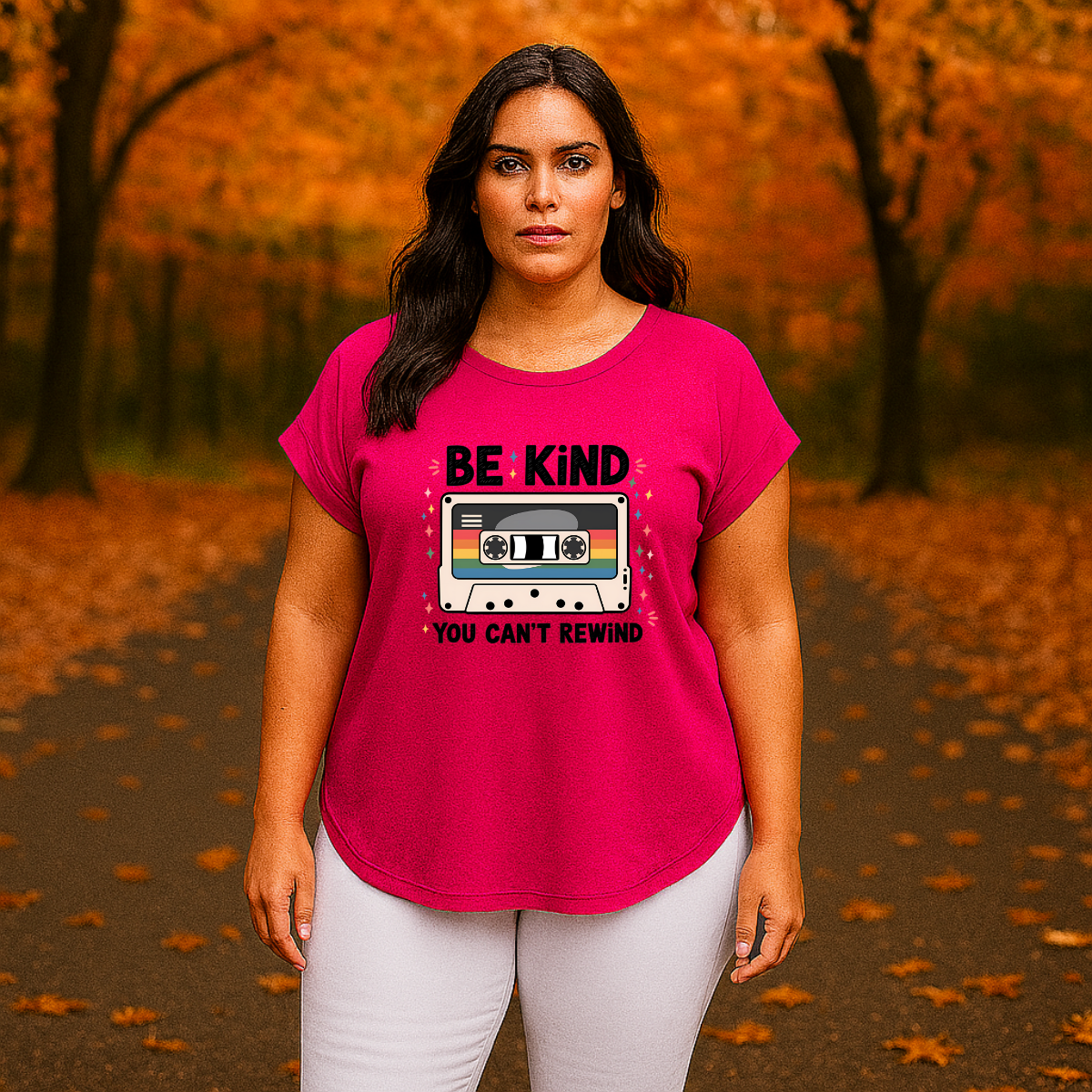 Dipped-Hem T-Shirt with Retro Be Kind Print