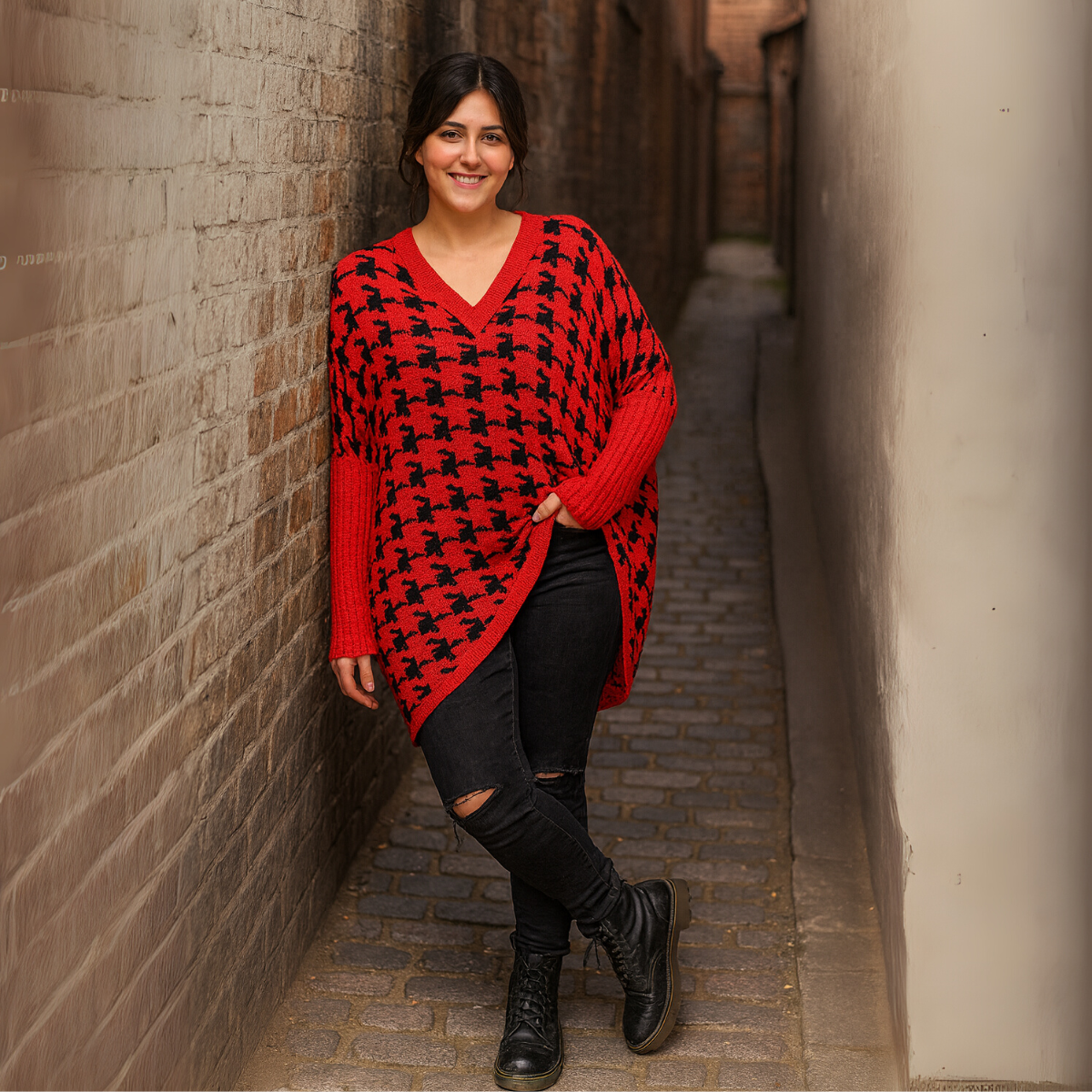 Chunky Knit Oversized V Neck Large Dogtooth Jumper