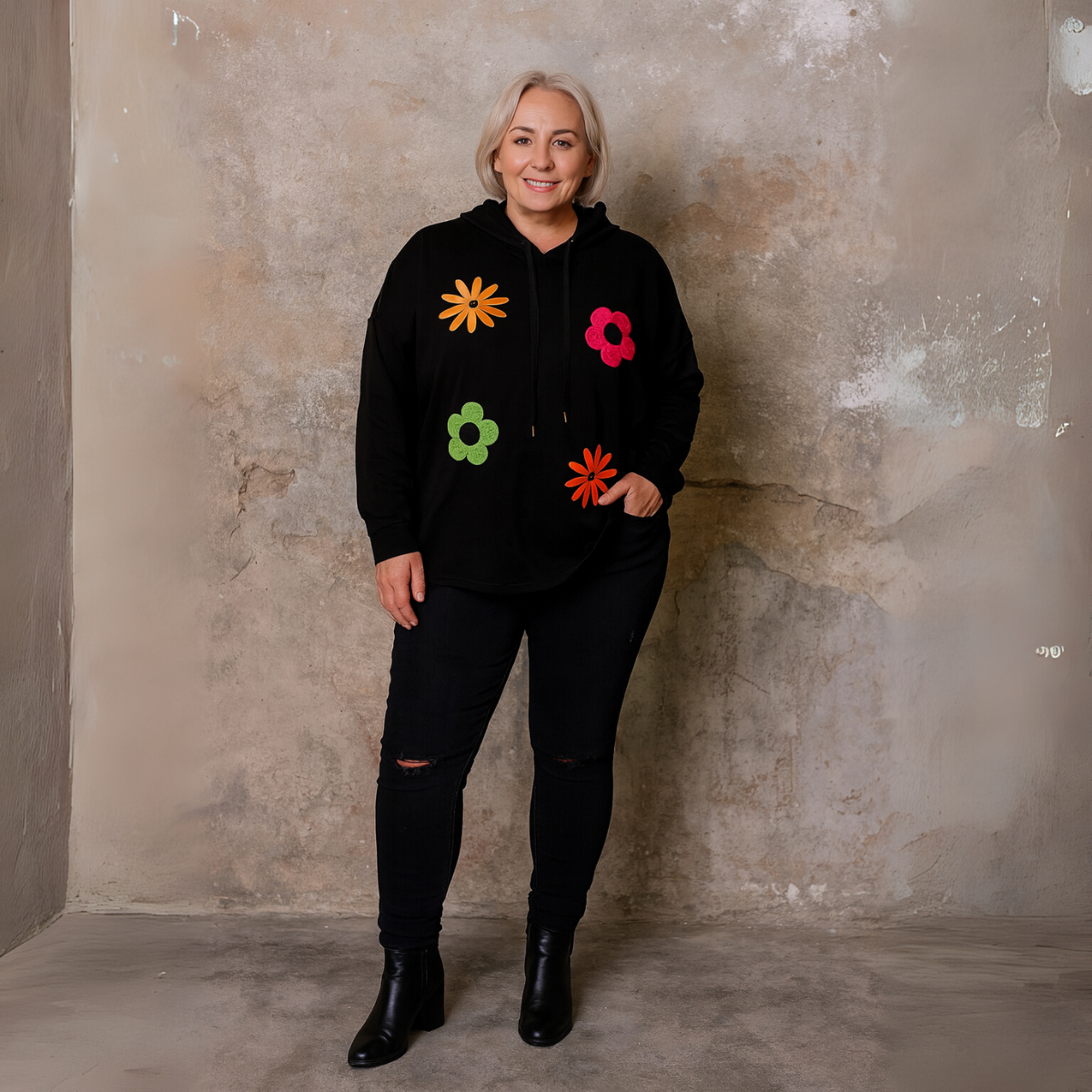 Bright Flowers to Front Long Length Hoodie