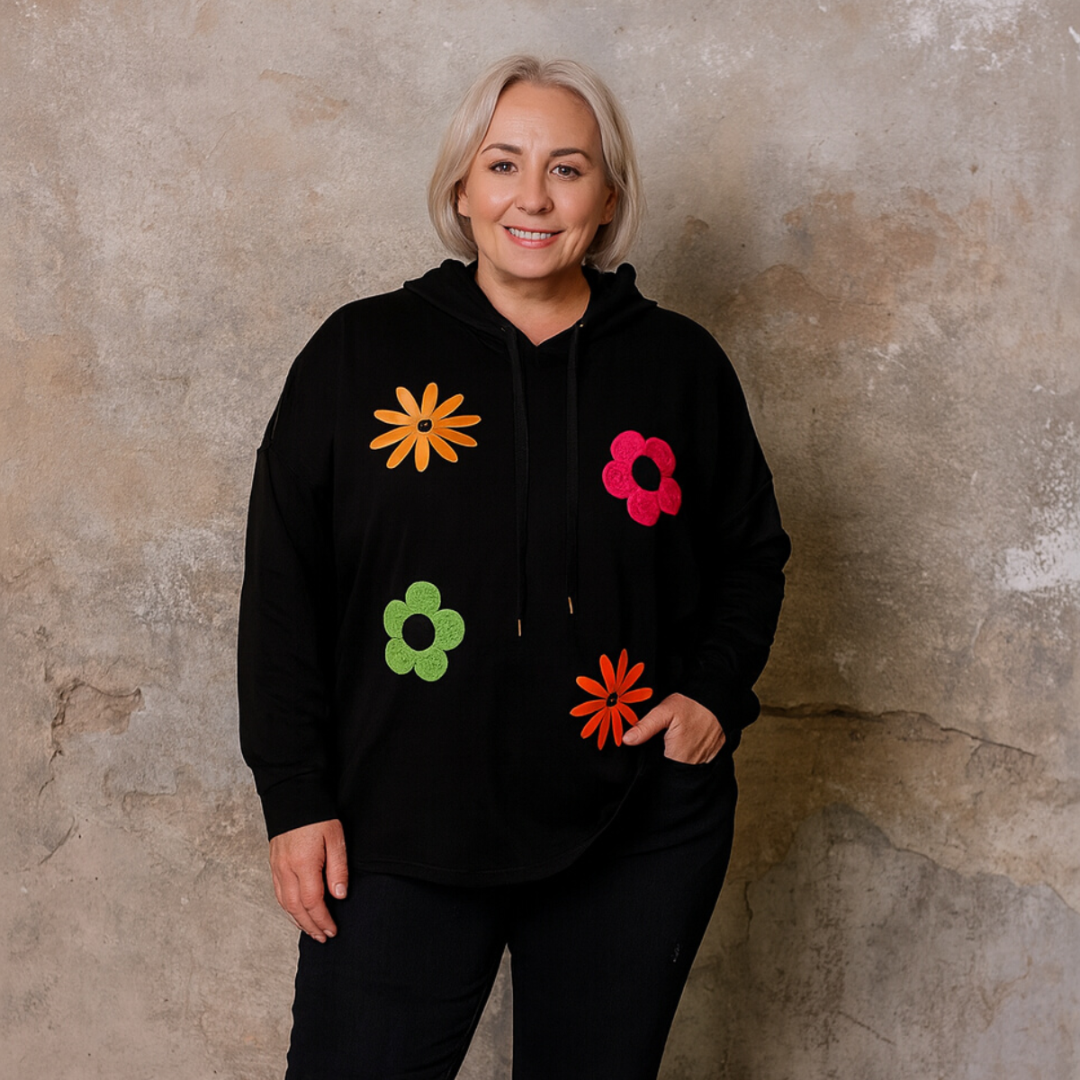 Bright Flowers to Front Long Length Hoodie