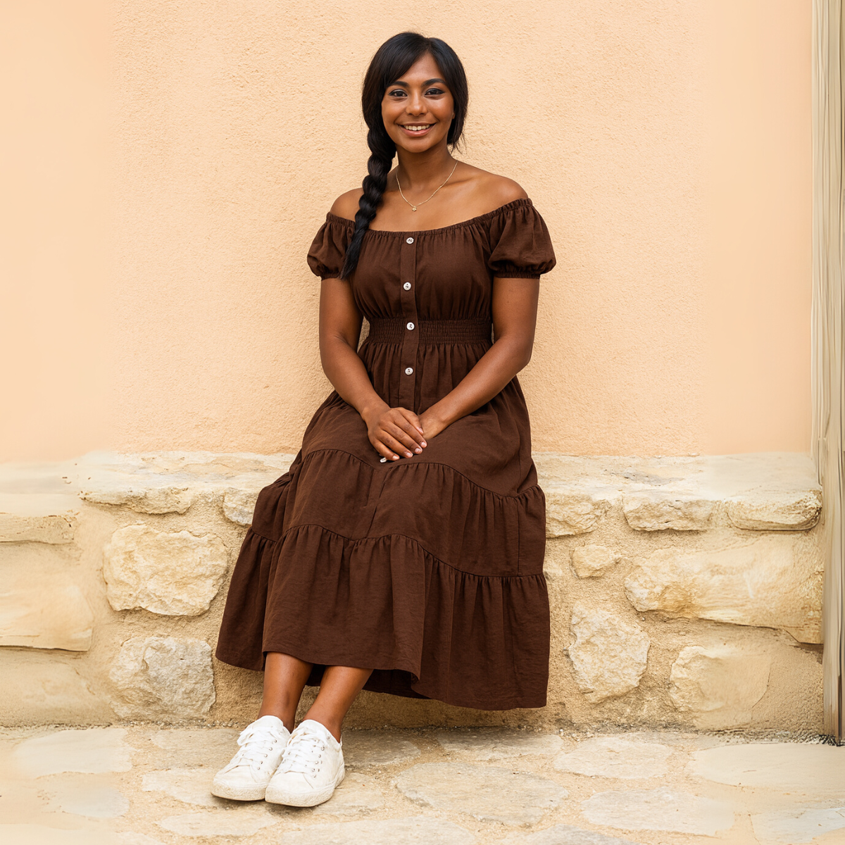 Off Shoulder Elastic Waist Gypsy Style Maxi Dress
