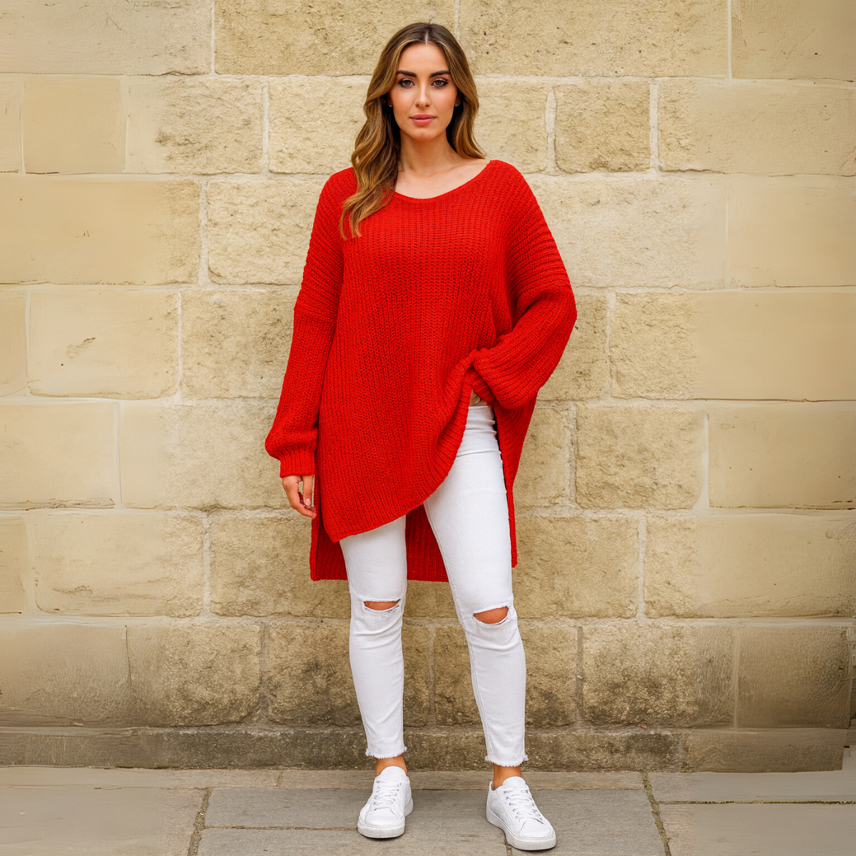 V-Neck Ribbed Jumper with Long Dipped Hem