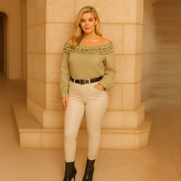 Ruffled Neckline Off Shoulder Long Sleeve Blouse