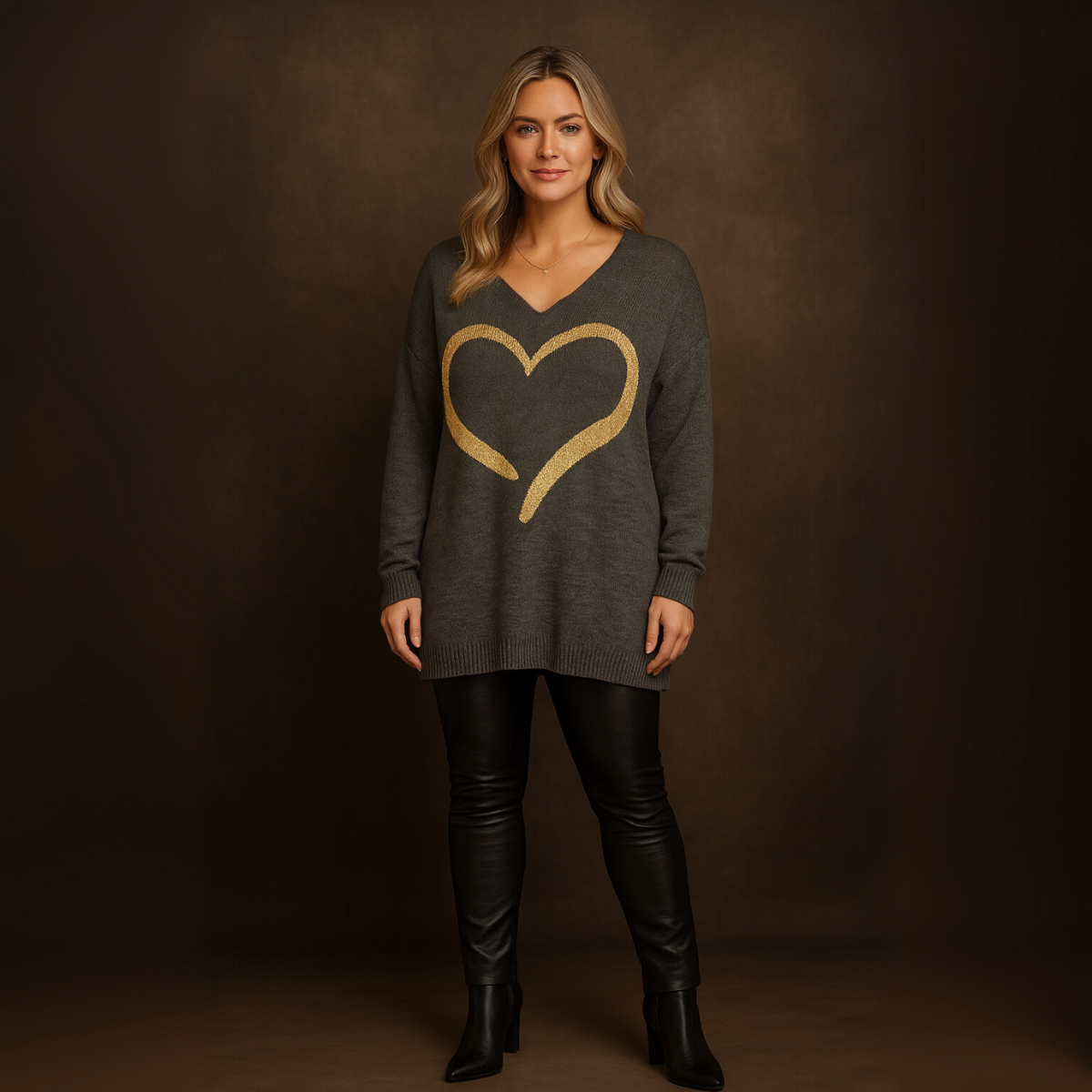 OVERSIZED V-NECK JUMPER WITH LARGE GOLD HEART