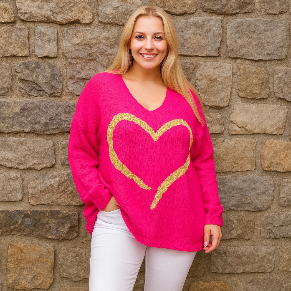 Oversized V-Neck Knitted Jumper with Gold Heart