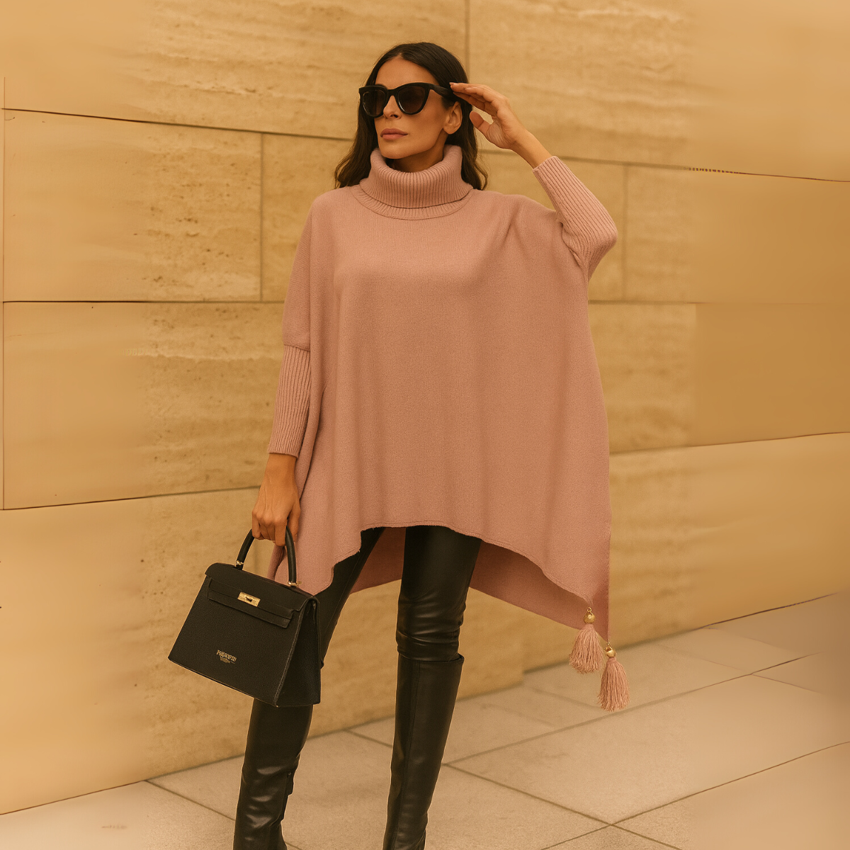Polo Neck Oversized Jumper with Tassle Detail