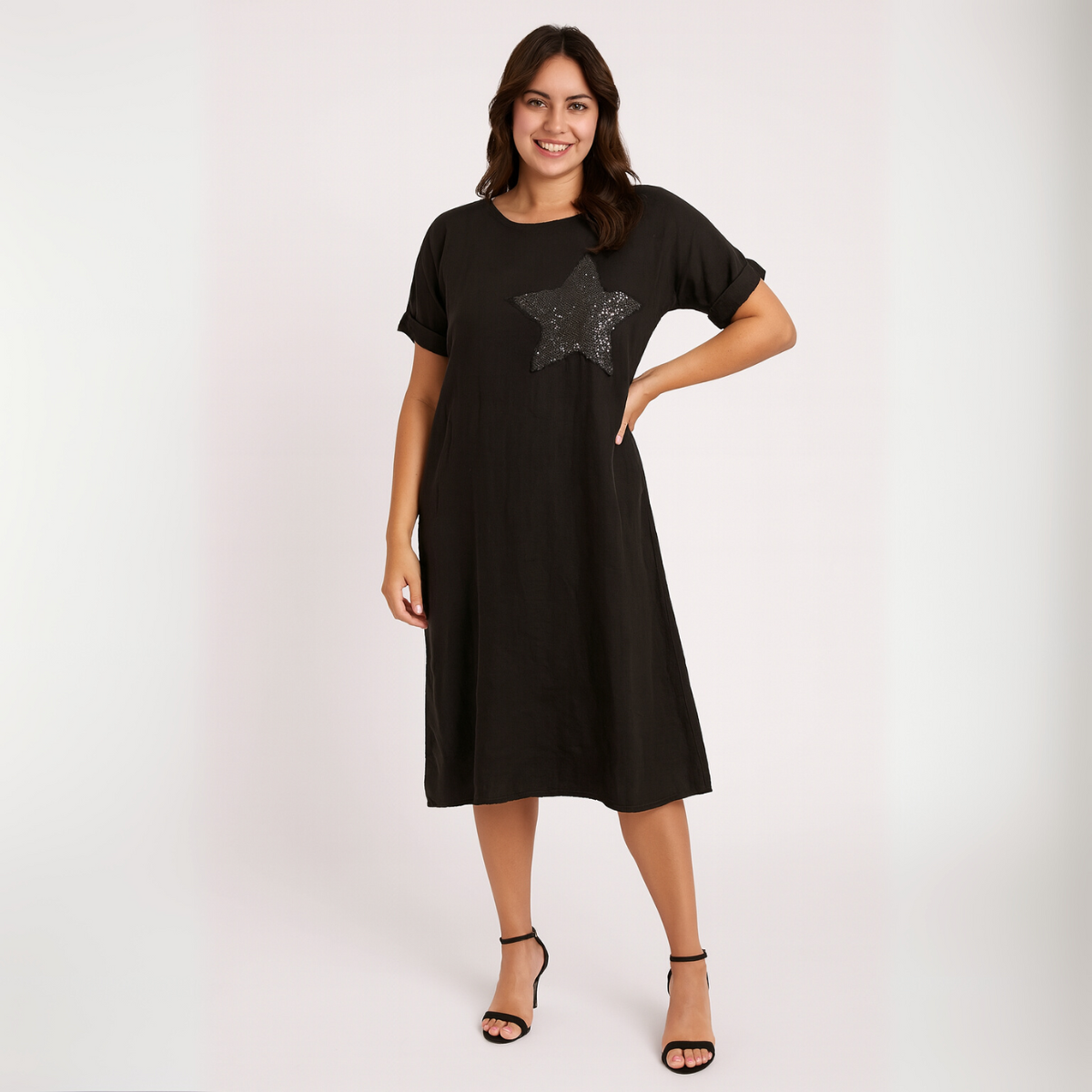 Black Pure Cotton Dress with Silver Sequin Star + Pockets