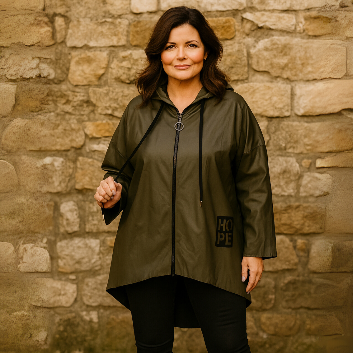 Faux Leather Dipped Hem Jacket / Coat