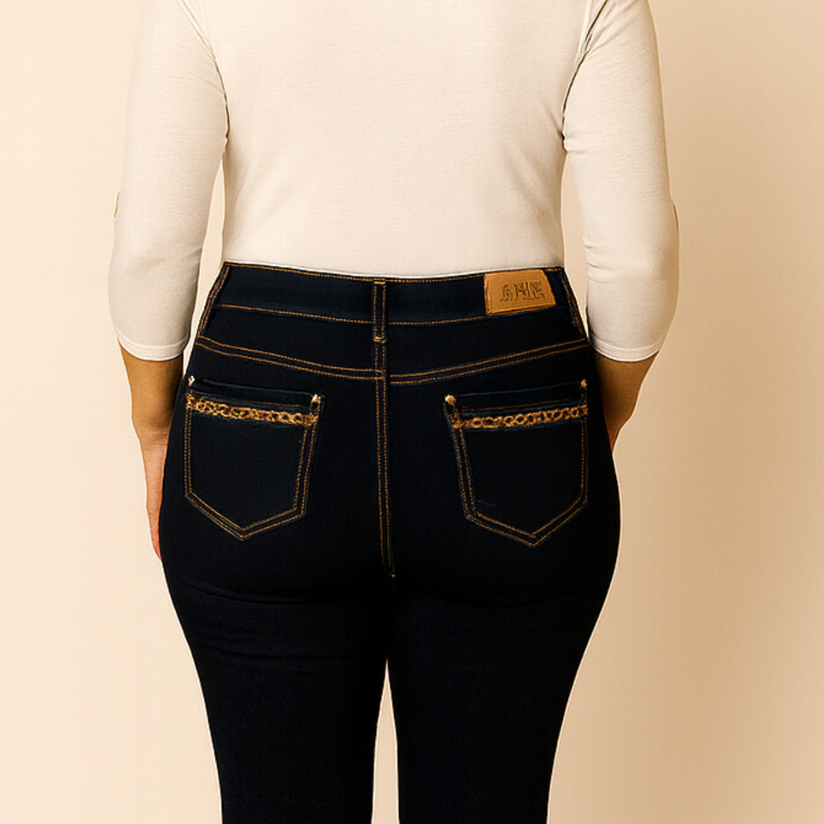 Blue Straight Leg Stretch Jeans with Leopard Panel Pocket