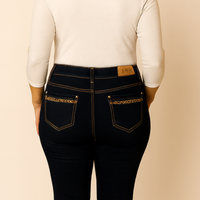 Blue Straight Leg Stretch Jeans with Leopard Panel Pocket