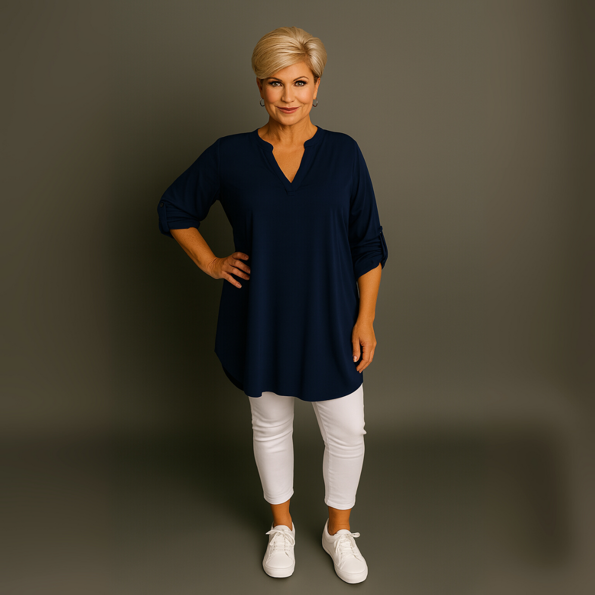 Plus‑Size V‑Neck Long Dipped Hem Top with Button Sleeves
