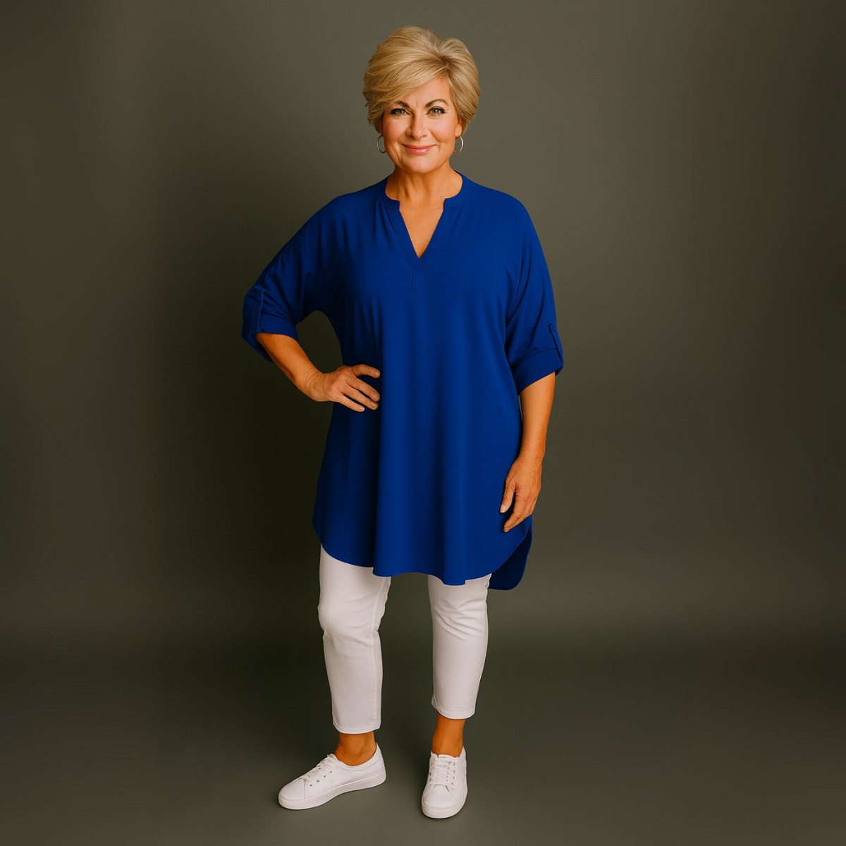 Plus‑Size V‑Neck Long Dipped Hem Top with Button Sleeves