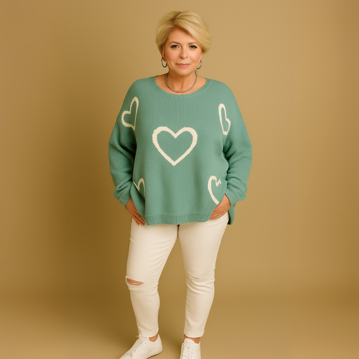SCOOP HEM OVERSIZED KNITTED JUMPER WITH HEARTS