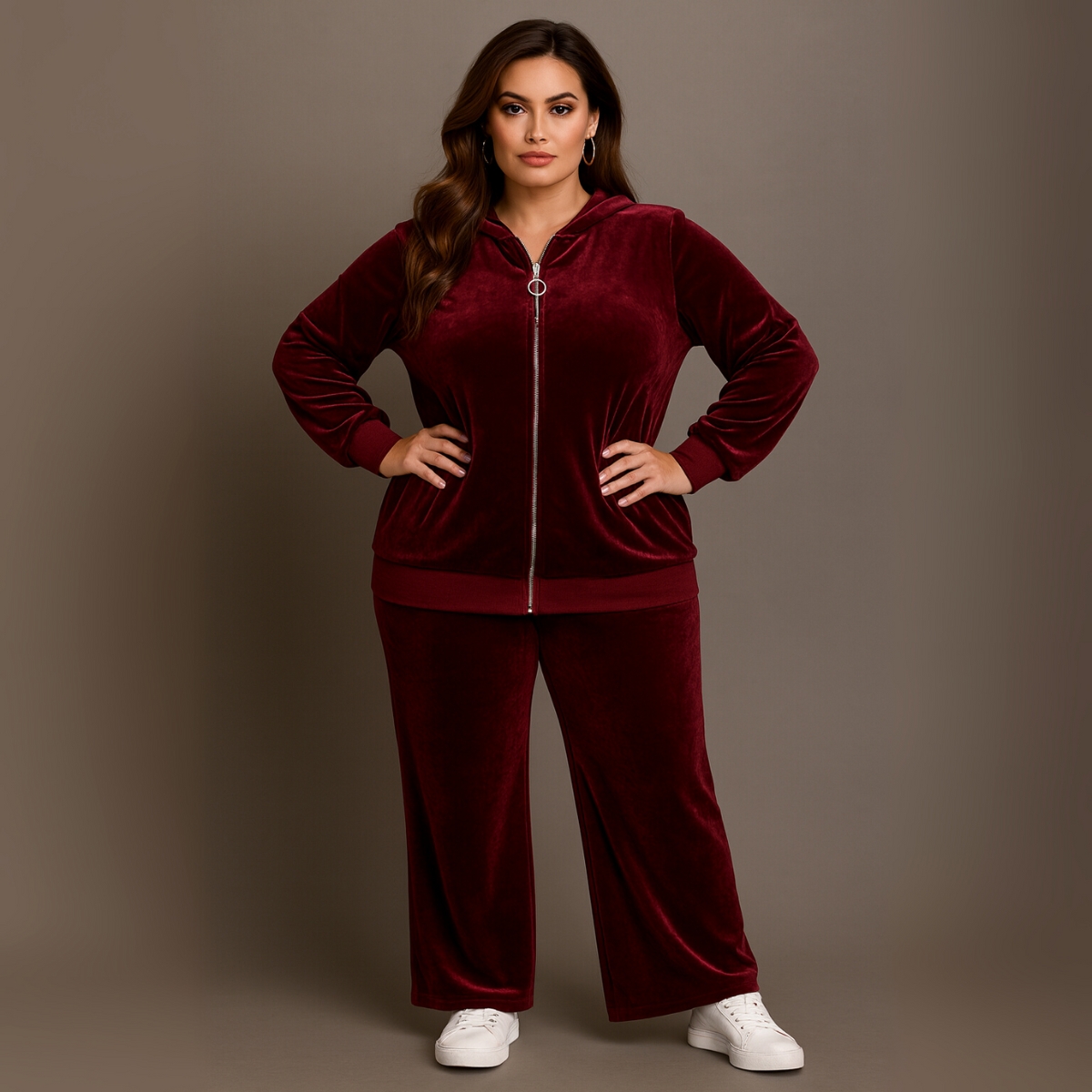 Velour Zip Up Tracksuit Set with Hood