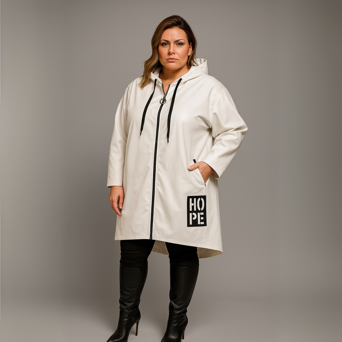 Faux Leather Dipped Hem Jacket / Coat