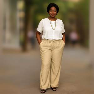 Linen-Look Elastic Waist Trousers