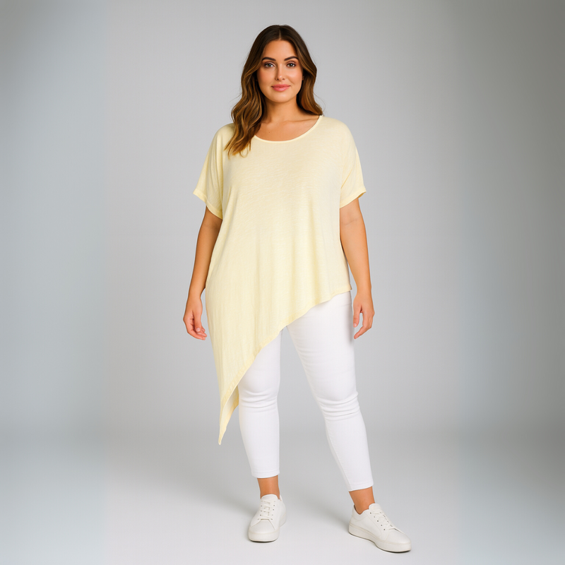 Short Sleeve Long Length Asymmetrical Hem Top