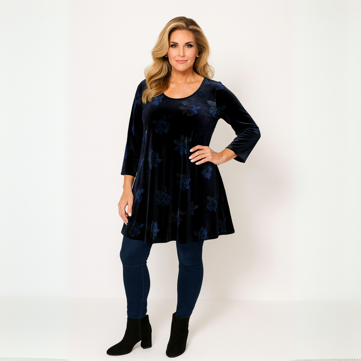 Black Blue Velvet 3/4 Sleeve Swing Top