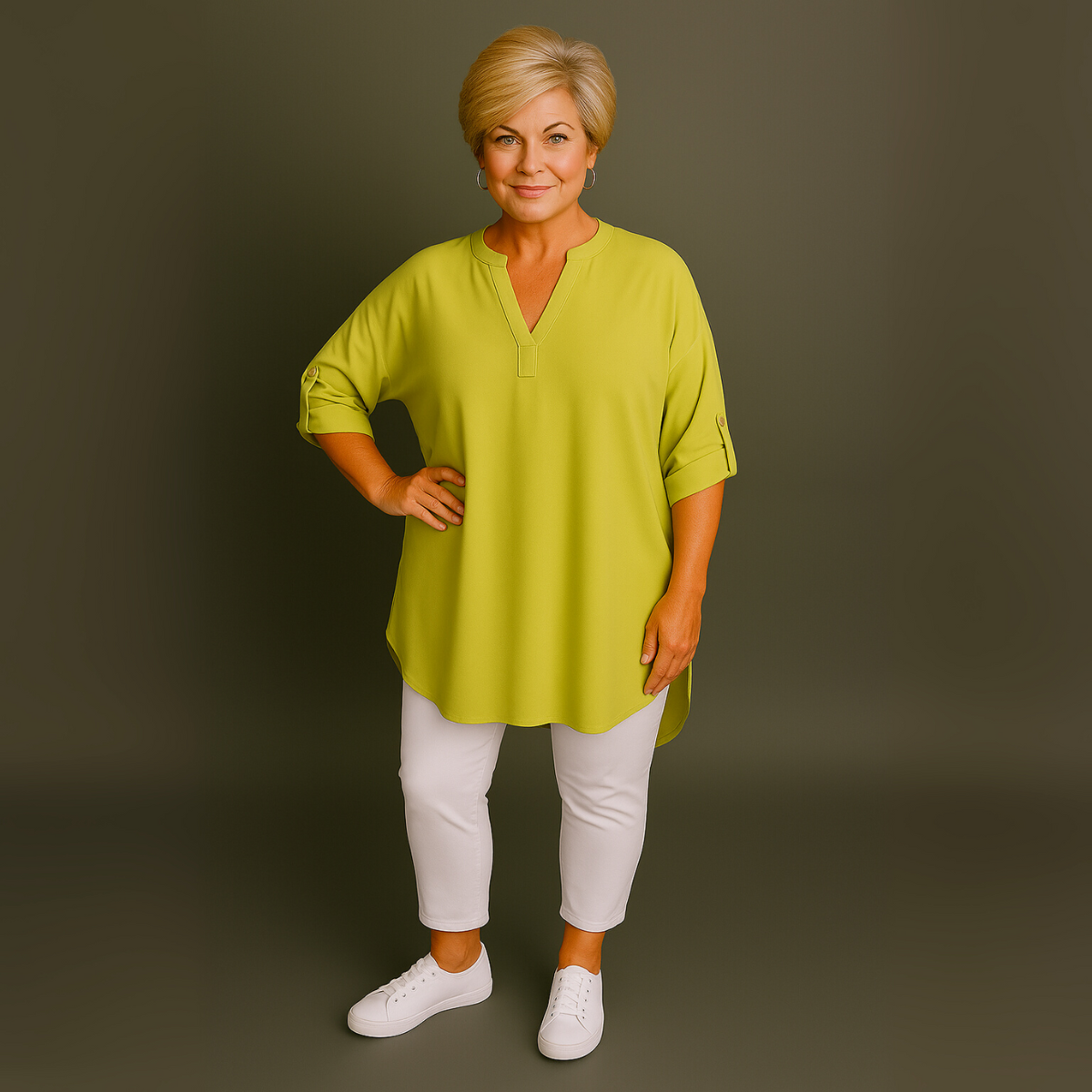 Plus‑Size V‑Neck Long Dipped Hem Top with Button Sleeves