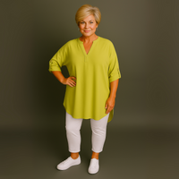Plus‑Size V‑Neck Long Dipped Hem Top with Button Sleeves