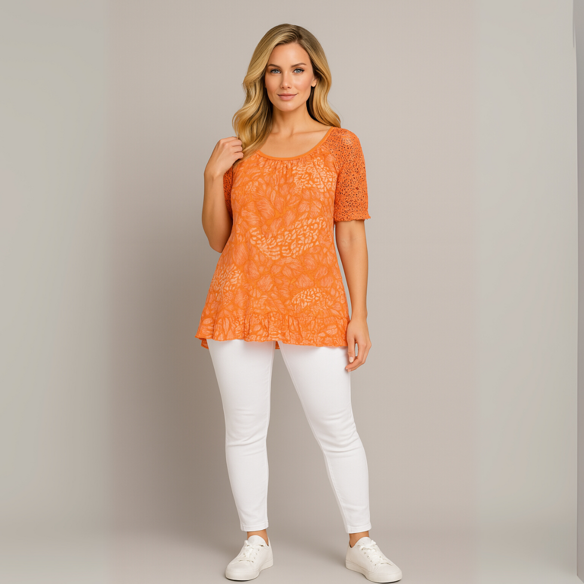 Soft Feel Lace Sleeve Hanky Hem Blouse