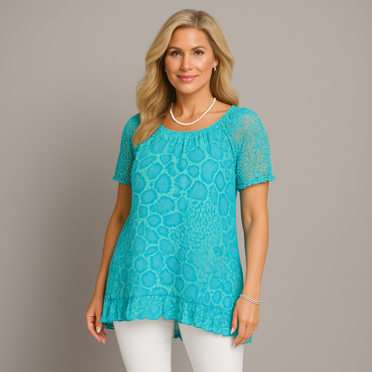 Soft Feel Lace Sleeve Hanky Hem Blouse