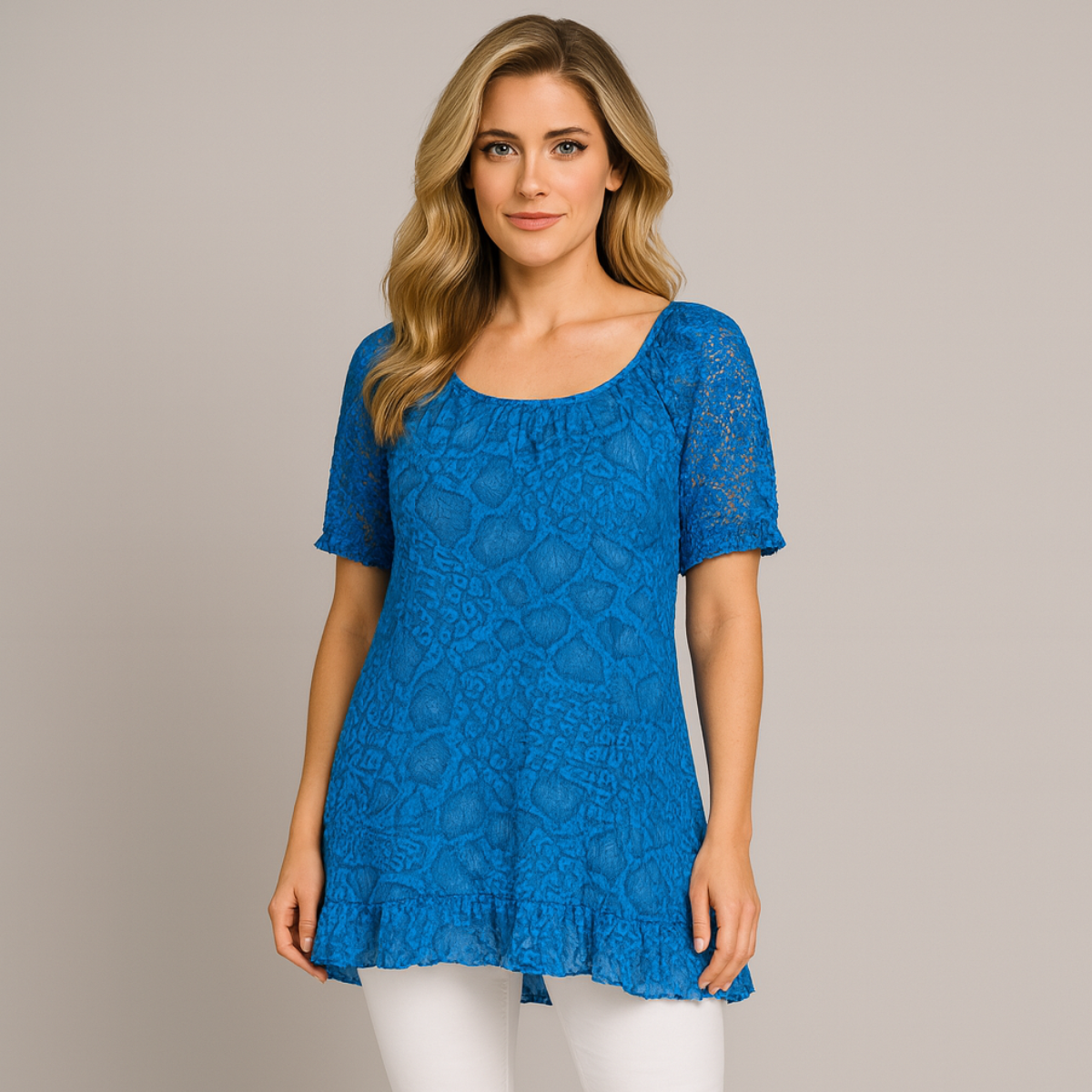 Soft Feel Lace Sleeve Hanky Hem Blouse