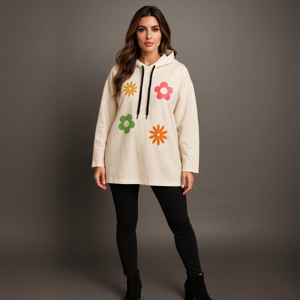 Bright Flowers to Front Long Length Hoodie