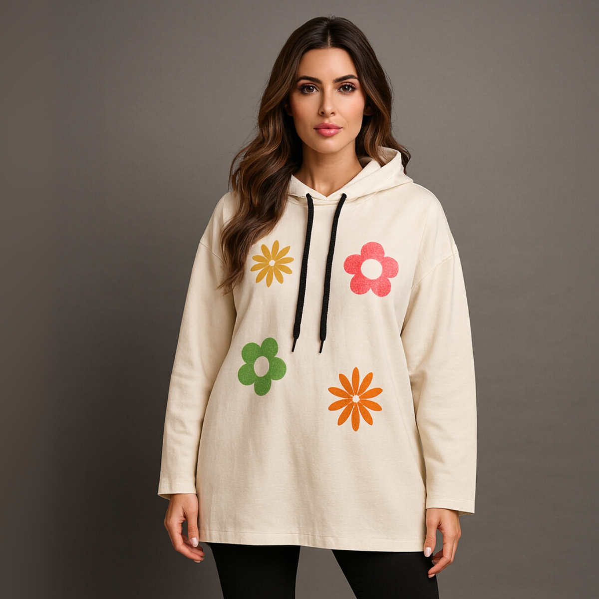 Bright Flowers to Front Long Length Hoodie