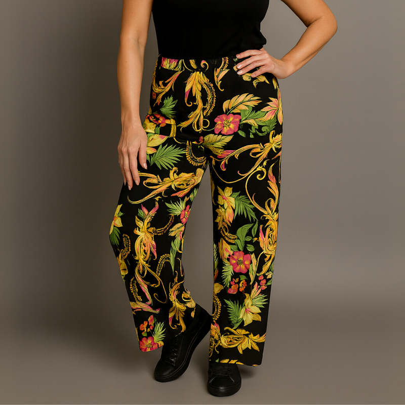 Black Yellow Tropical High Waist Palazzo Trousers