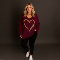 Oversized V-Neck Knitted Jumper with Gold Heart