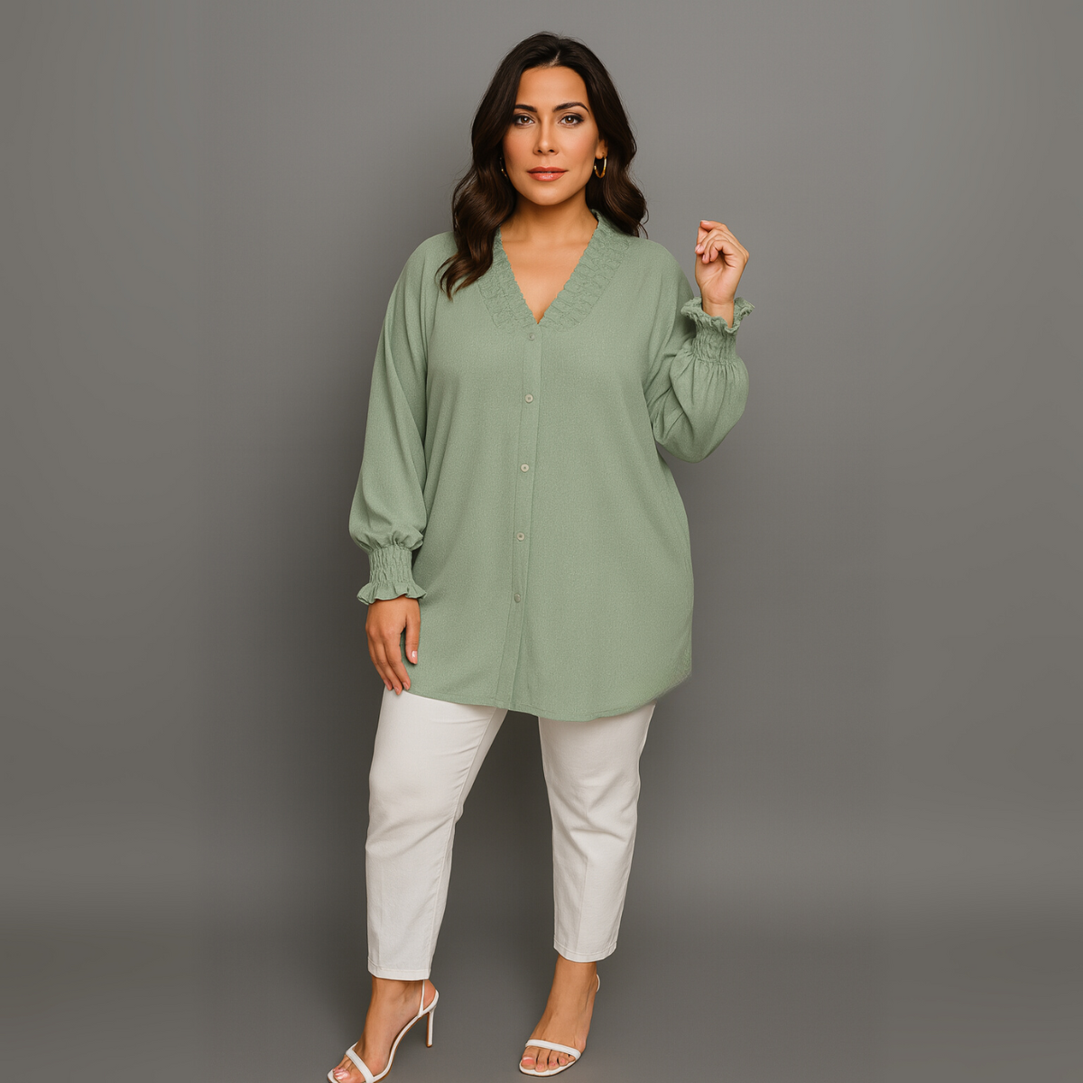 Smocked V‑Neck Long Sleeve Blouse