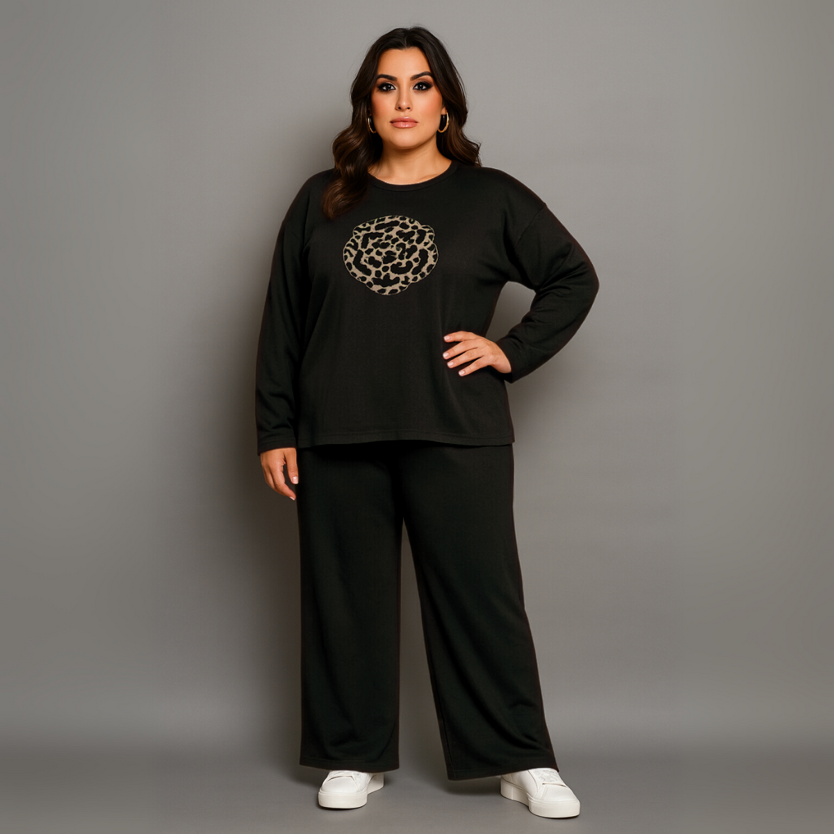 Leopard Motif Wide Leg Tracksuit Set