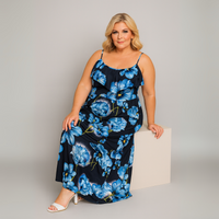 Blue Floral Print V Frilled Top Maxi Dress