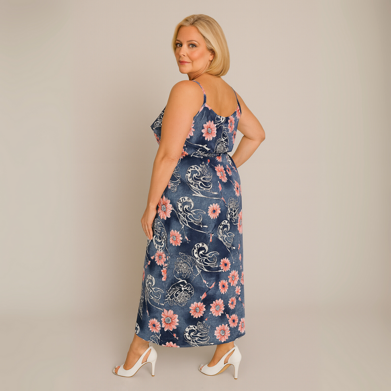 Blue Pink Floral V Frilled Top Maxi Dress