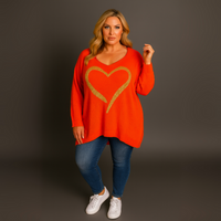 Oversized V-Neck Knitted Jumper with Gold Heart