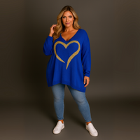 Oversized V-Neck Knitted Jumper with Gold Heart