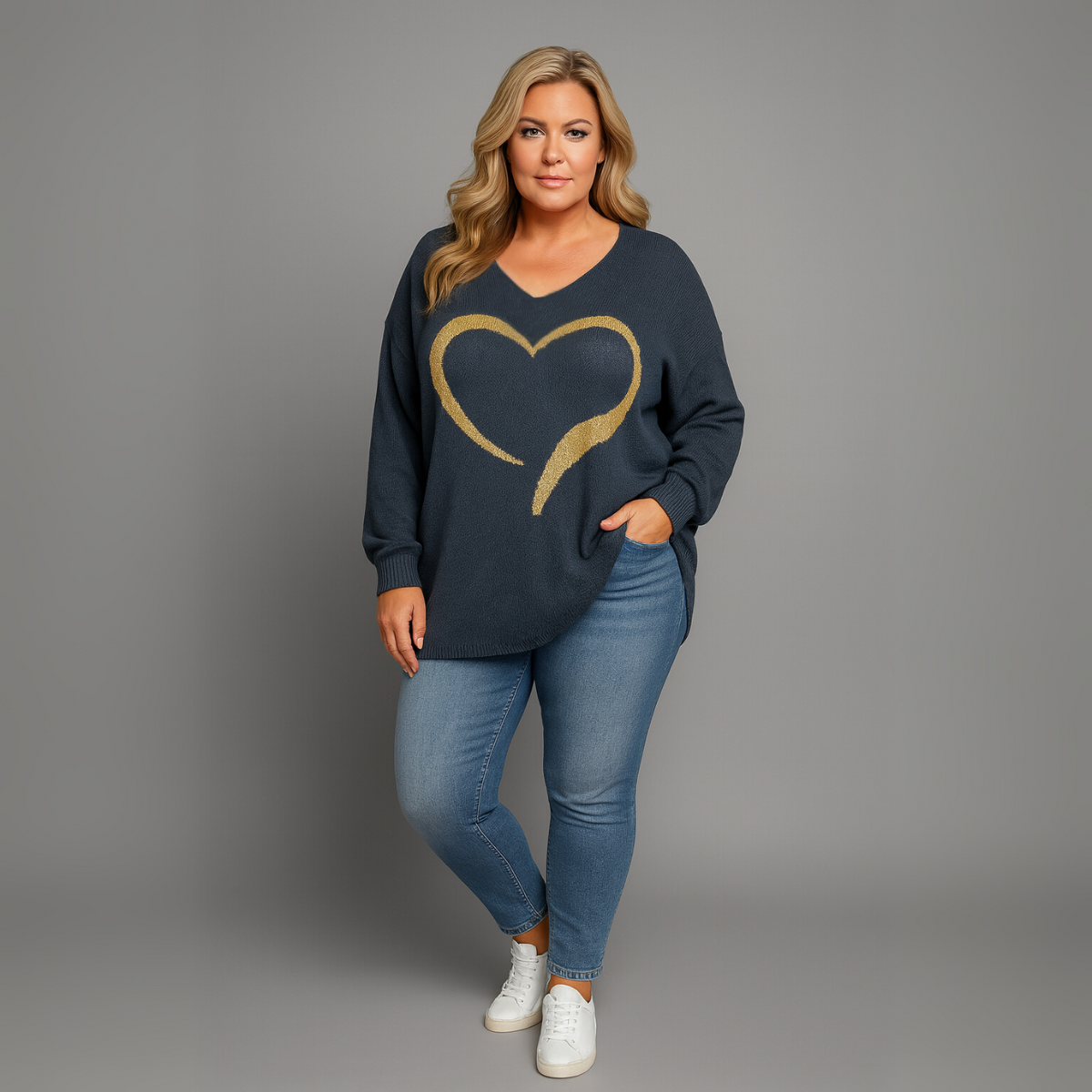 Oversized V-Neck Knitted Jumper with Gold Heart