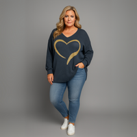 Oversized V-Neck Knitted Jumper with Gold Heart