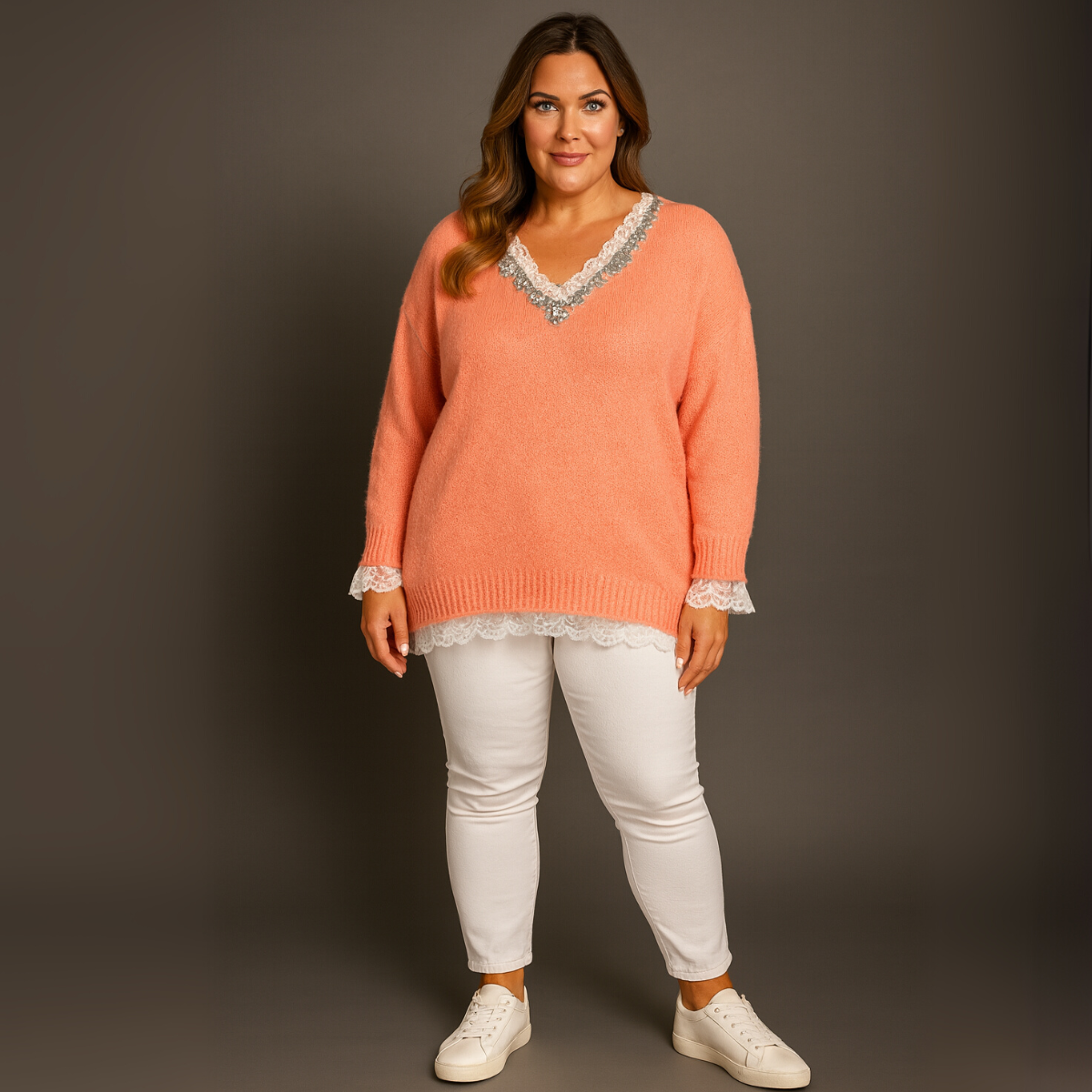 Super Soft V neck Jumper with Lace and Jewels