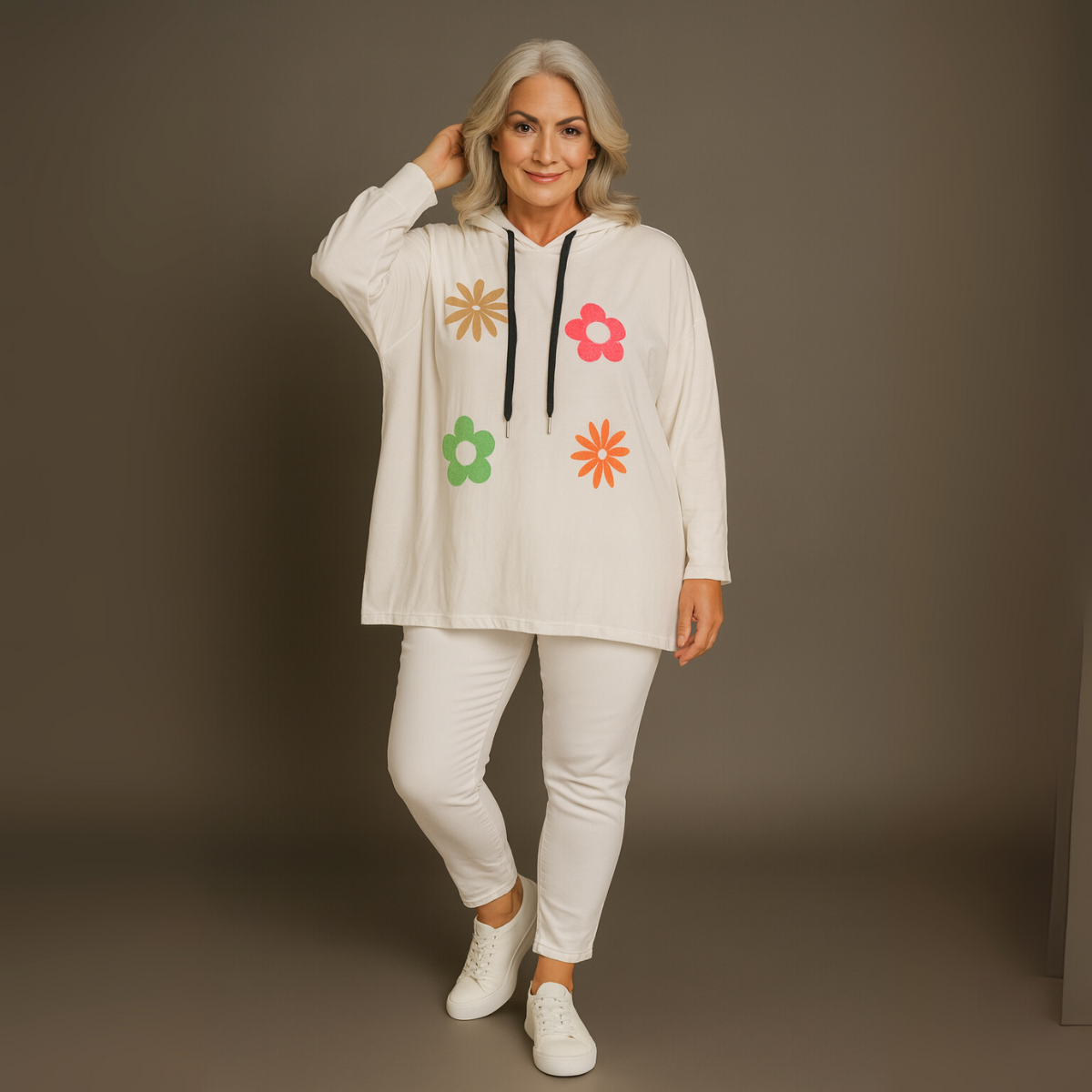 Bright Flowers to Front Long Length Hoodie