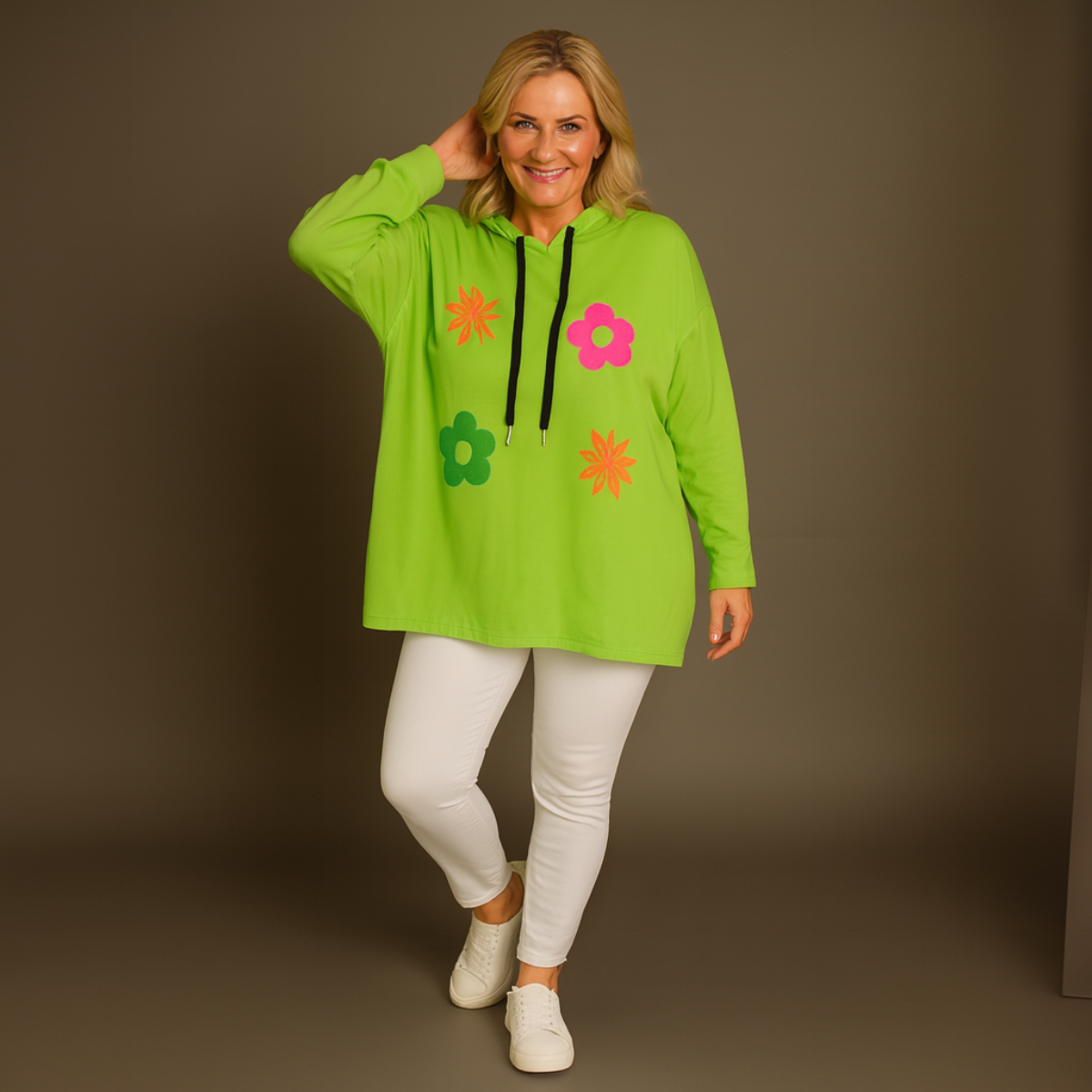 Bright Flowers to Front Long Length Hoodie