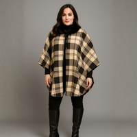 Tartan Fleece Oversized Poncho / Cape with Faux Fur Collar