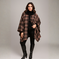 Tartan Fleece Oversized Poncho / Cape with Faux Fur Collar
