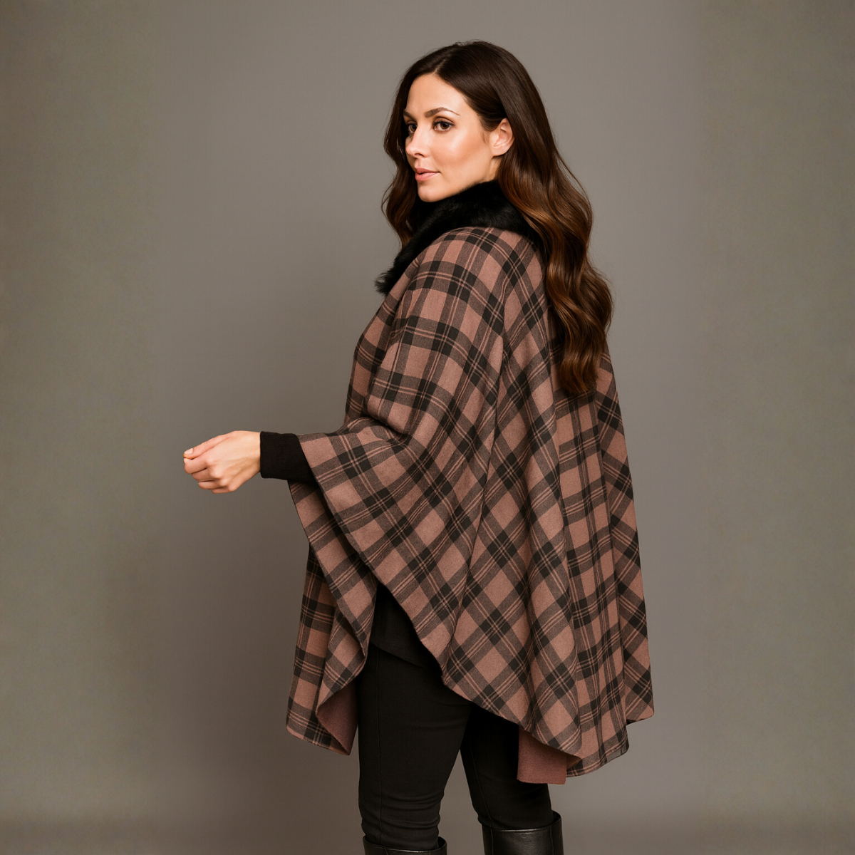 Tartan Fleece Oversized Poncho / Cape with Faux Fur Collar